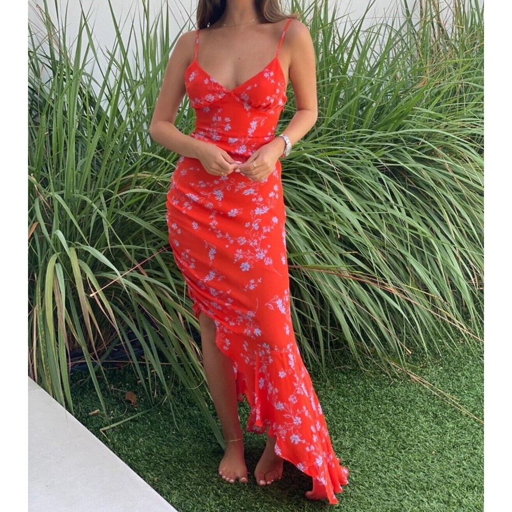 Nicholas Triangle Top Slip Dress Women's US 10 Red Orange Floral Print